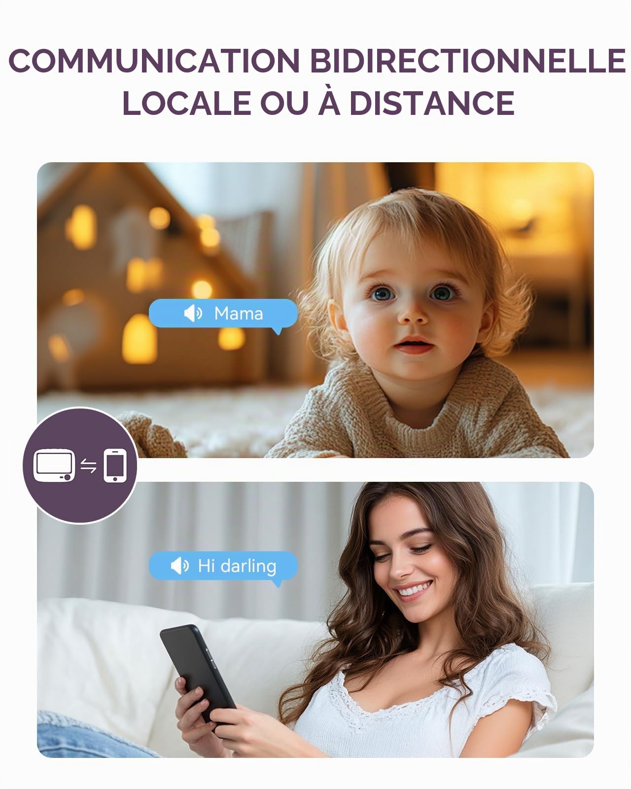 Comfyer Babyphone avec caméra 2K, Fonction Vox, capteur de température, Vision Nocturne, vidéo, 2,4 GHz, Veille Intelligente, interphone, berceuses, Longue durée de Vie de la Batterie