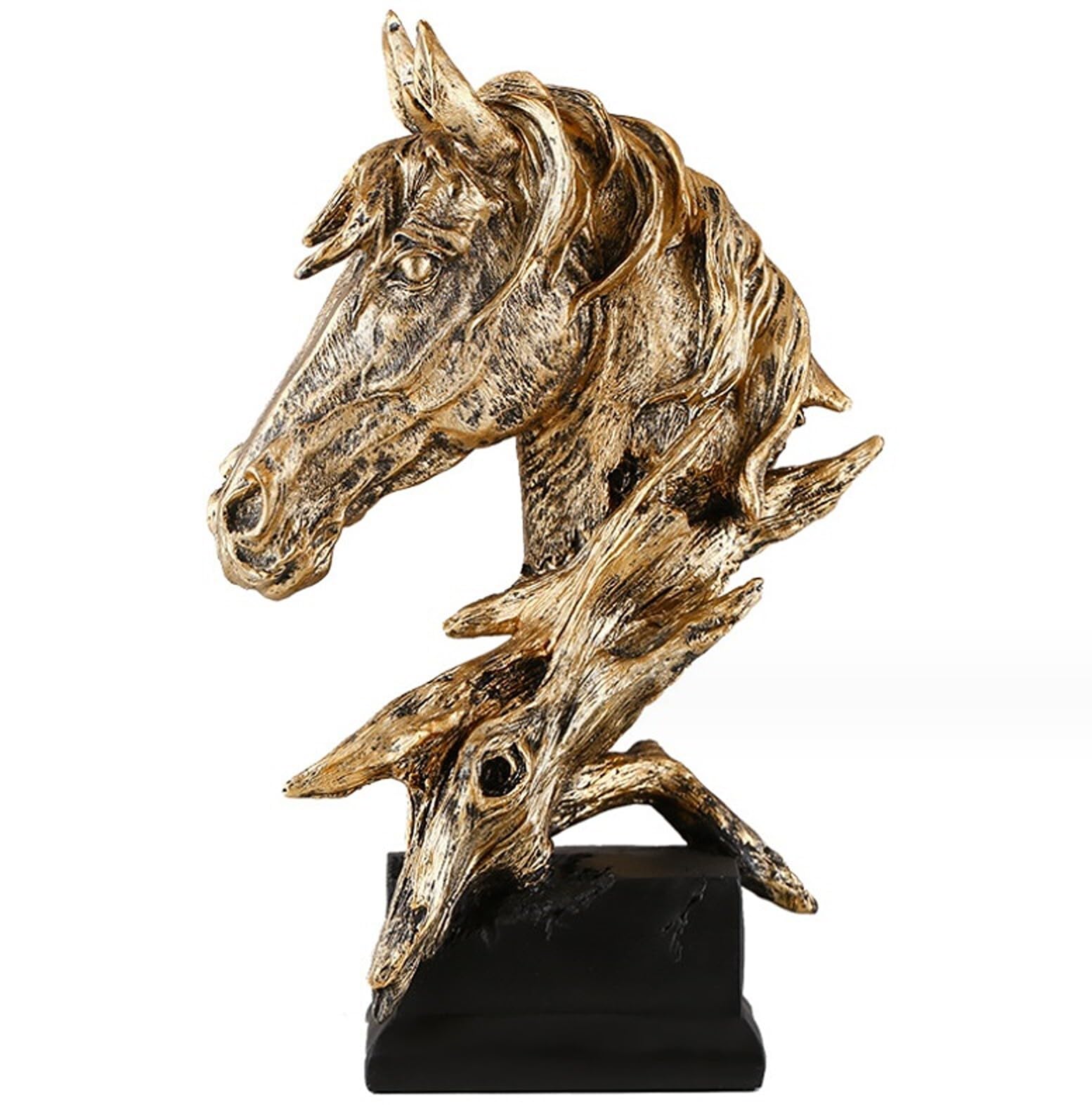 Escultura de cabeza de caballo sobre pedestal – Estatua de resina para el hogar – Estatua de caballo en bronce – Decoración de mesa con base – elegante figura de caballo como decoración para salón,