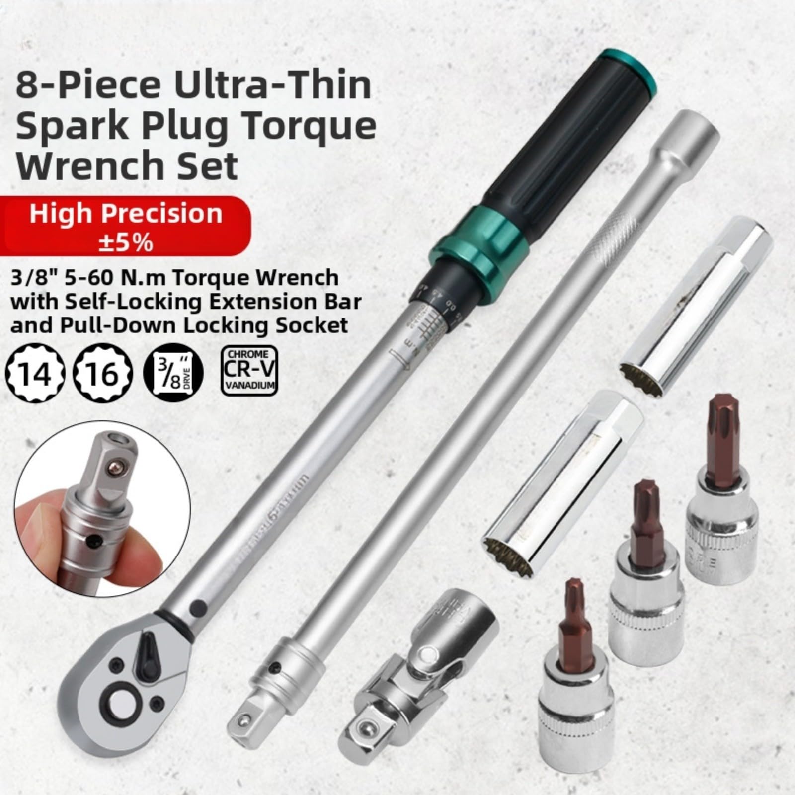 Chiave dinamometrica, 5-60 N.m, chiave dinamometrica regolabile a 72 denti, kit di chiavi magnetiche in acciaio al cromo vanadio, per manutenzione auto, nero e verde (8 kit)