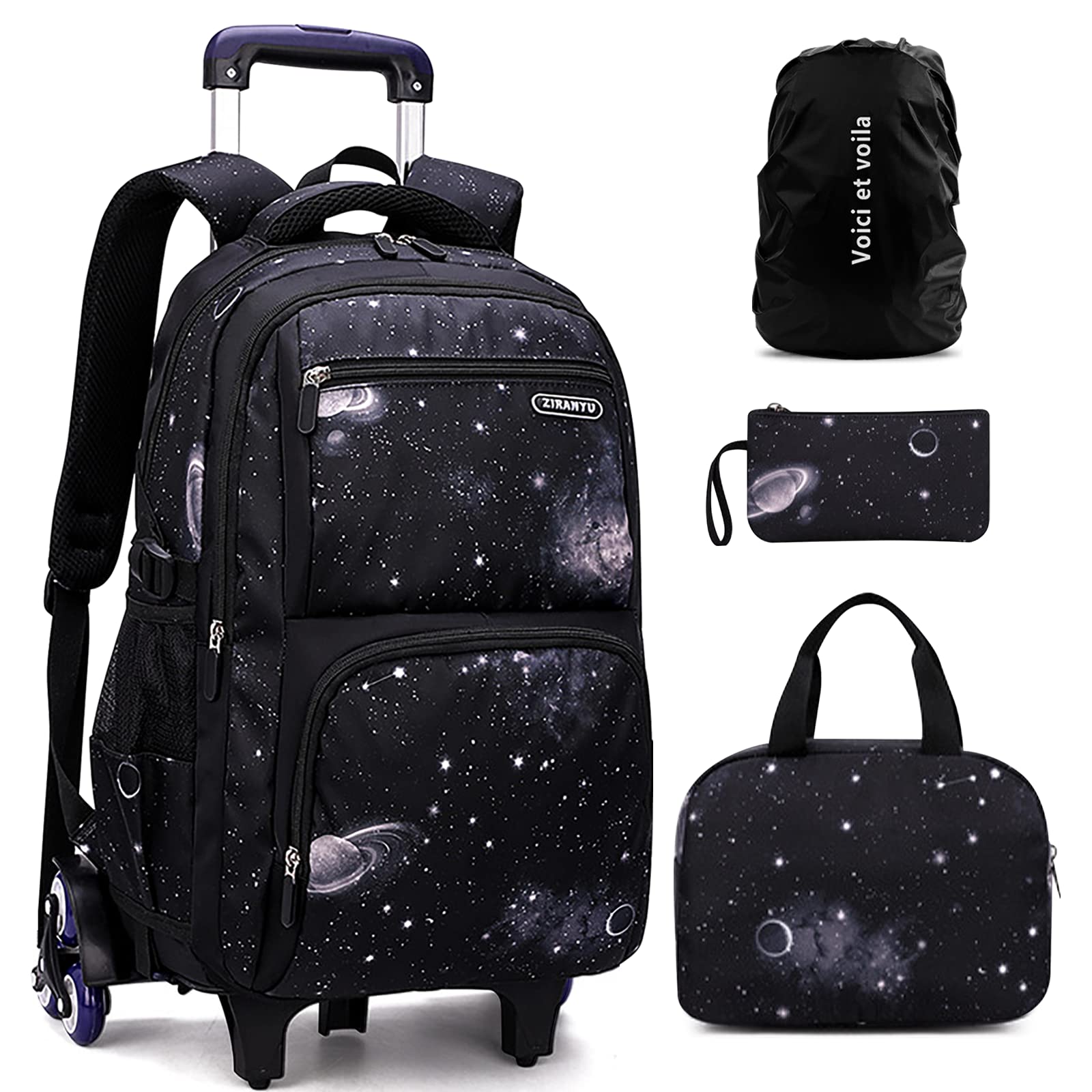 Voici et Voila 4pcs Mochilas Escolares con Ruedas Carro para Mochilas Escolares Niña Niños Grande Bolsas Escolares Trolley Bag Mochila Infantil Cielo Estrellado Galaxy 30x23x46cm