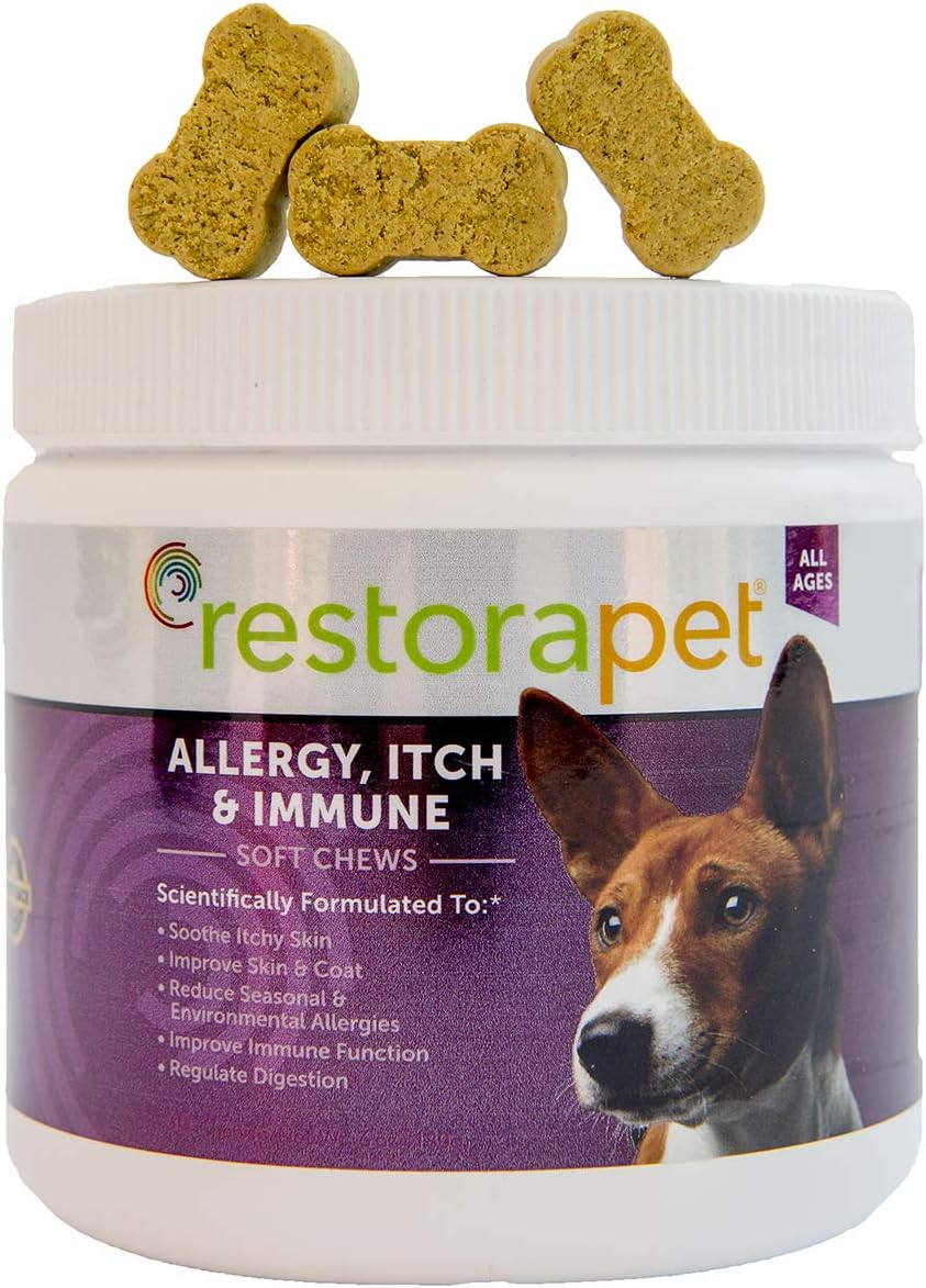 RestoraPet Allergy, Itch & Immune Soft Chews - Natural Supplement for Dogs - Support Immunity, Soothe Skin Irritation, Improve Coat Quality – with Lactoferrin, Colostrum & Omega 3-60 Bacon Chewables