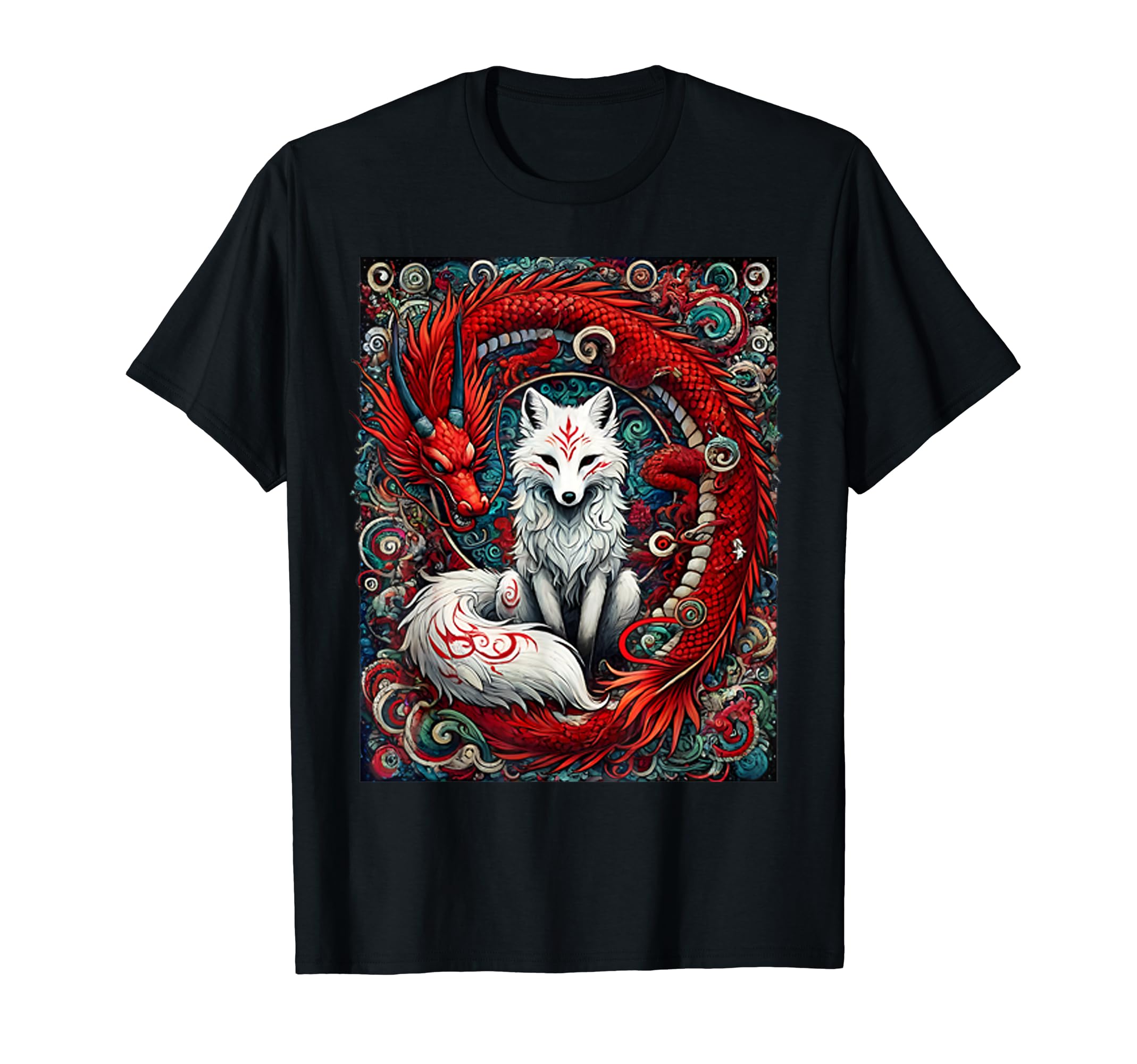 Fox Kitsune Dragon ApparelJapanese Mystical Nine-tailed Fox Kitsune Dragon Foxes T-Shirt