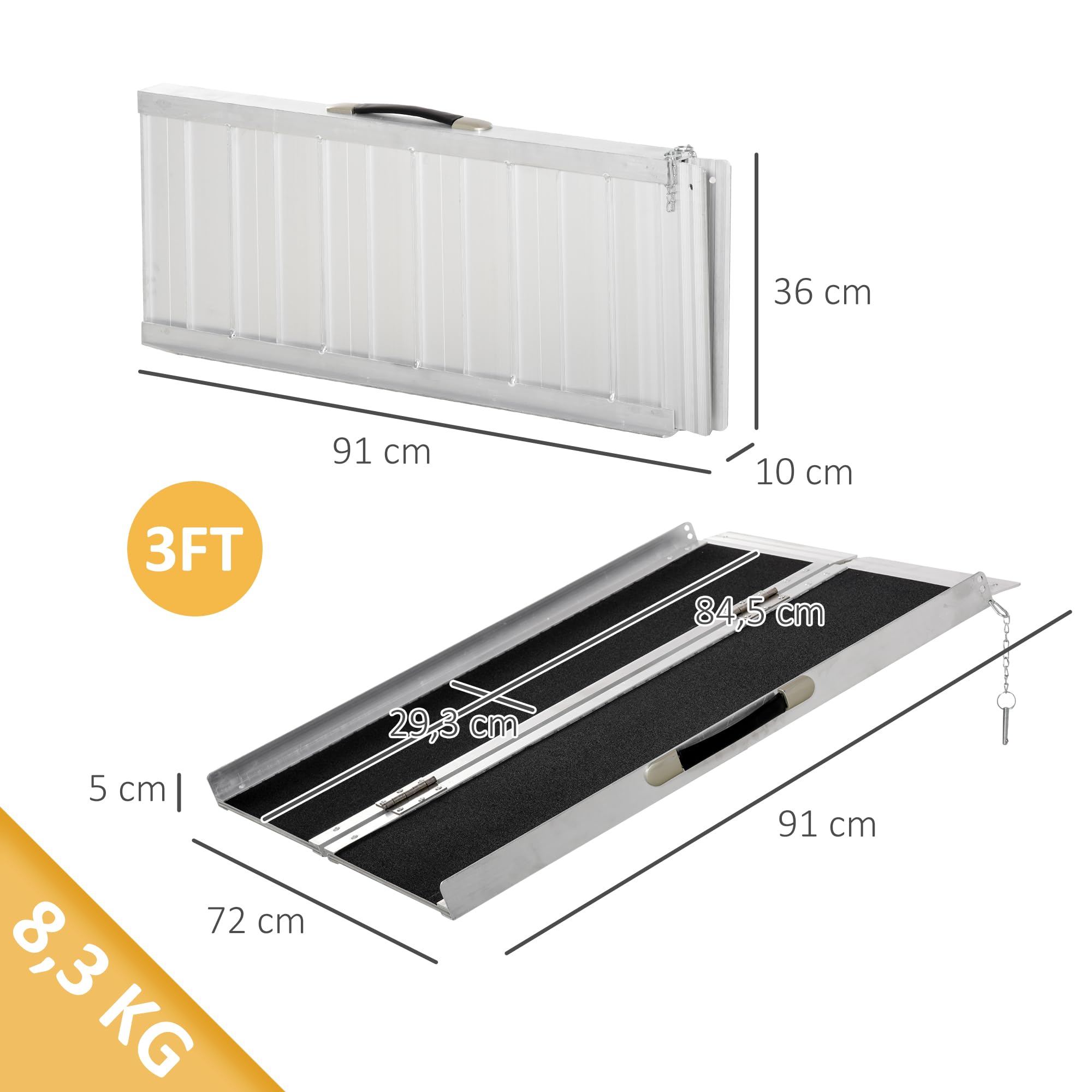 HOMCOM Rollstuhlrampe 2-Fach klappbar 91 cm bis 270 kg Belastbar Aluminium rutschfeste Rampe Tragbar Auffahrrampe für Rollstuhl, Treppen, Zuhause, Stufen