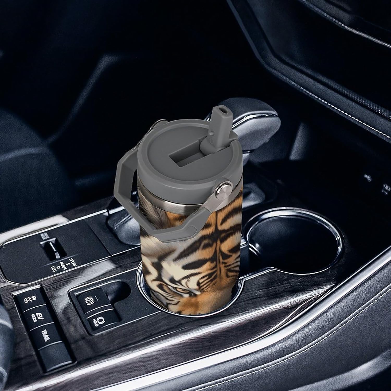 30oz Insulated Tumblers with Top Handle, Stainless Steel Tiger Car Cup with Straw for Gift, Leak-Proof Double Wall Vacuum Travel Mug, Personalized Water Bottles White