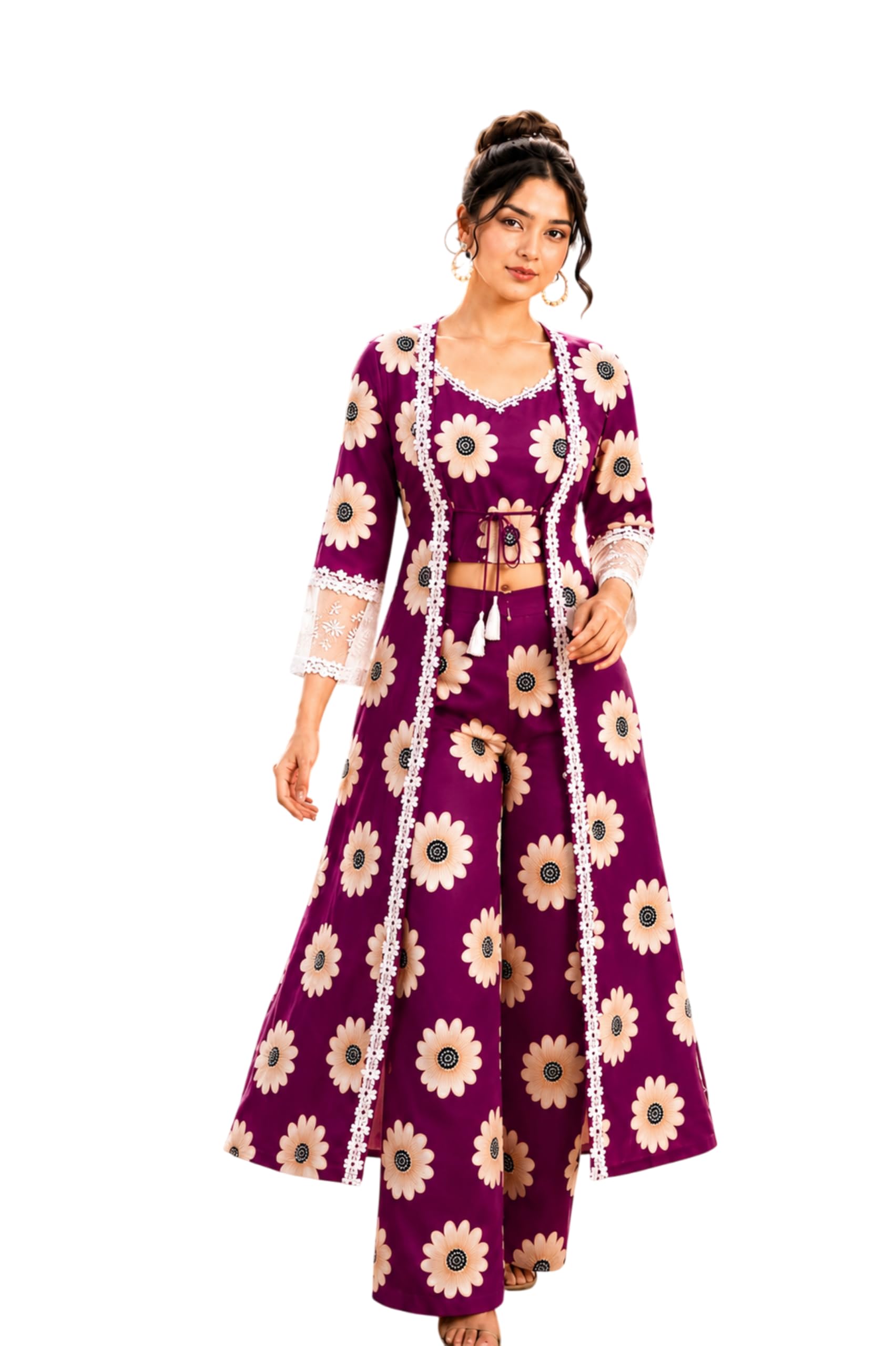 yarnefy Women’s 3-Piece Co-ord Set – Pant Top with Jacket/Koti, Stylish Ethnic Wear | Palazzo Set | Floral Printed Crepe | S-XXL-picture-47