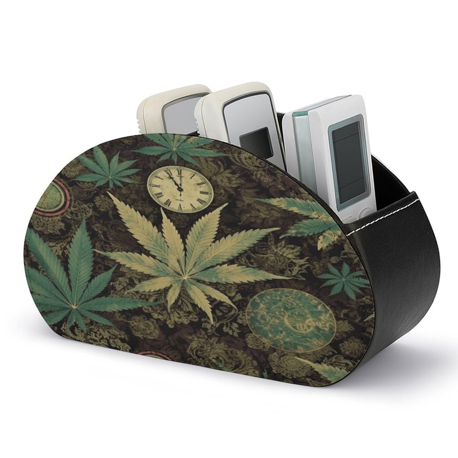 VstaDank A Puff in Time Weed Marijuana Remote Control Holder with 5 Compartments PU Leather Remote Caddy Desktop Organizer Store TV Remote Control Storage Box for Home Office Desk Nightstand