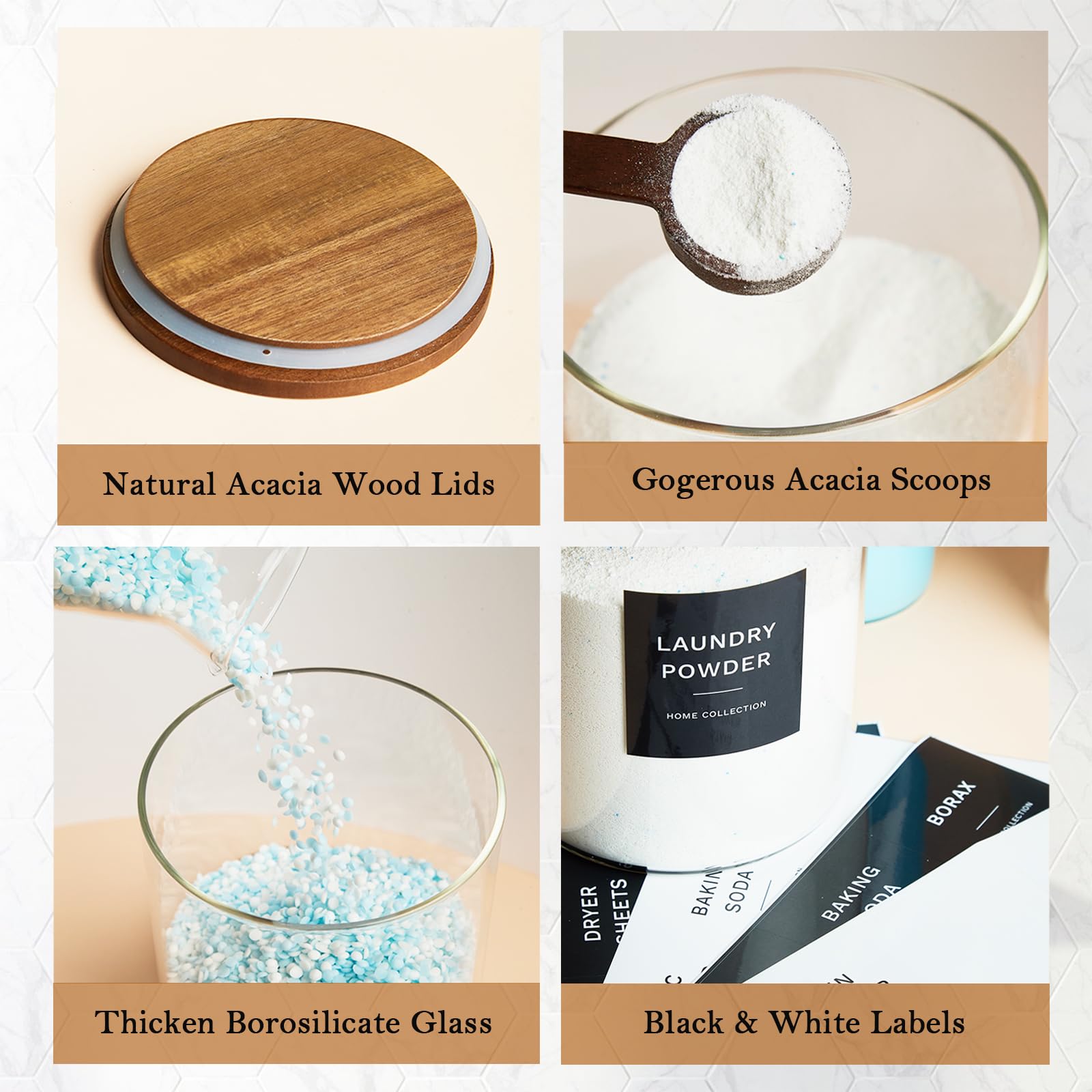 Juego de recipientes de almacenamiento de vidrio para lavandería, paquete de 4 dispensadores de detergente líquido con tapa de corcho y tarro de organización de lavandería con tapa de acacia, botellas 6
