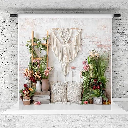Kate Telón de fondo de fotografía de flores Bohemia macramé, pared de ladrillo de primavera, decoración interior de baby shower, 7 x 5 pies