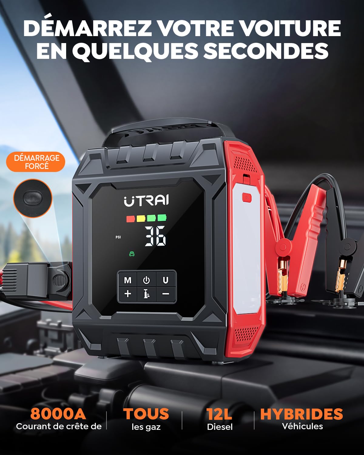 8000A Booster Batterie Voiture avec Compresseur (Tout Essence & 10L Diesel) | UTRAI 160PSI Démarreur Batterie Voiture avec Lampe Magnétique 1000 Lumens, 12V Jump Starter avec Gonfleur Pneus Voiture