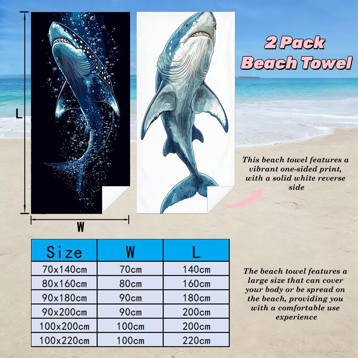 Ręcznik plażowy z mikrofibry, zestaw 2 dużych ręczników kąpielowych 100x200 cm, szybkoschnący ręcznik kąpielowy rekina, ręczniki plażowe, sportowe ręczniki z mikrofibry do podróży -3996