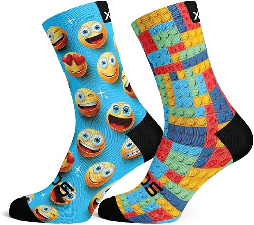 Sox Footwear Kids Crew Socks Combo, Emoji and Blocks, 2 Pairs, X-Small, Seamless Toe, Reinforced Heel and Toe, Breathable Mesh, PolyLon36 Fibre Blend