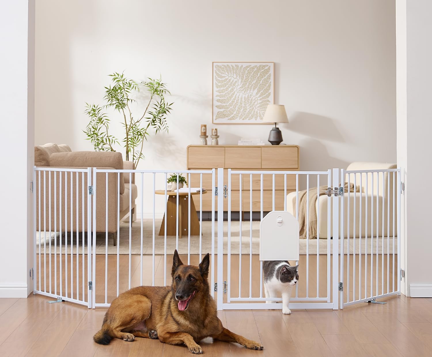No Pawblems Free Standing Dog Gate with Cat Door, 30'' Tall Foldable Dog Fence for Indoor & Outdoor, Up to 78 Inch Extra Wide Puppy Gate for Stairs, Hallways, Doorways, Deck, Yard (White, 3 Panels)