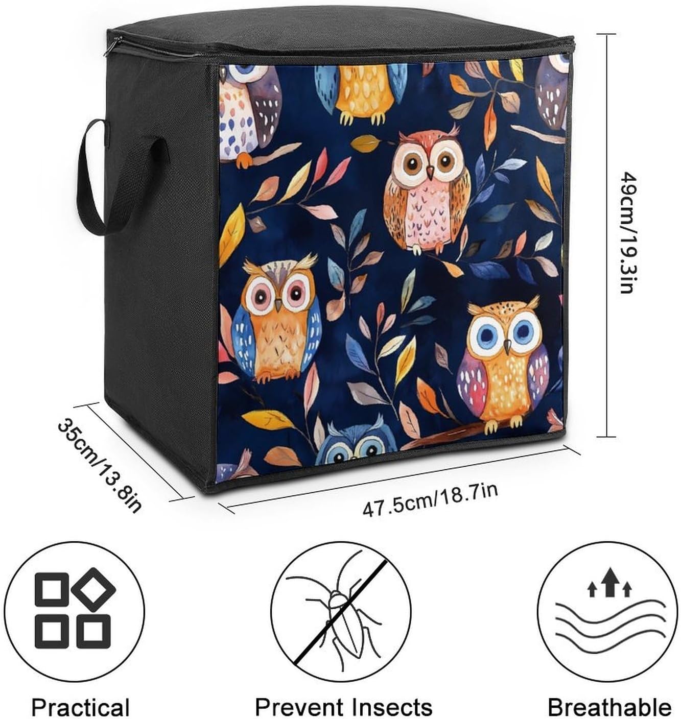 Colorful Owls And Leaves Large Comforter Blanket Storage Bags Bins 70L Closet Organizer with Handles