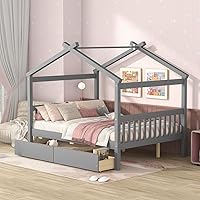 Vista 24 de Merax Cama de tamaño individual de madera estilo casa con valla, marco de cama de madera con techo y barandilla de seguridad para niños, Blanco