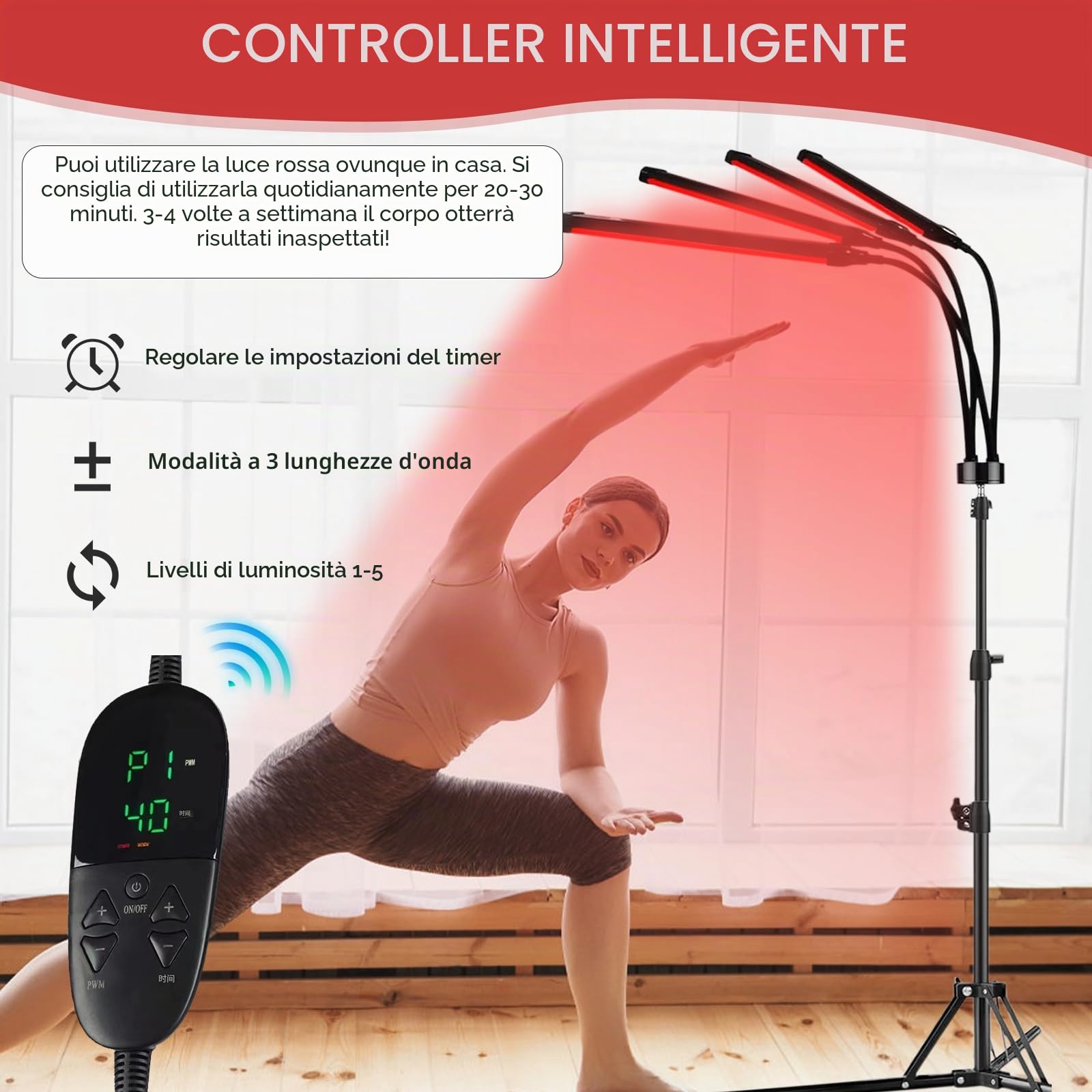 Lampada a 180 LED a luce rossa con supporto, 660 nm, 850 nm e 940 nm | Lampada a infrarossi, luce rossa con telecomando, 4 teste, luce rossa per uomini e donne, regalo di compleanno