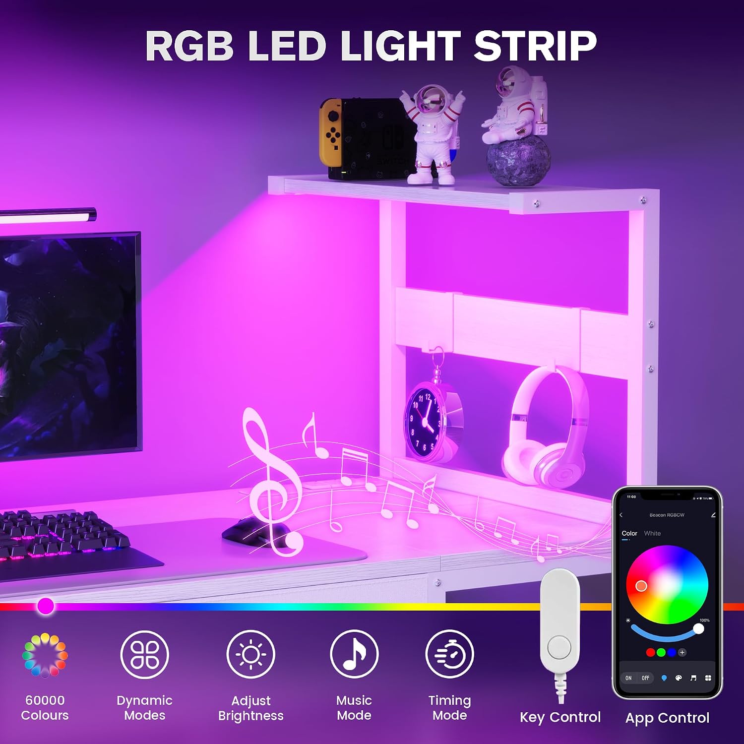 40 Inch Small Gaming Desk with Drawers & Led Lights & Storage Bag, White image 5