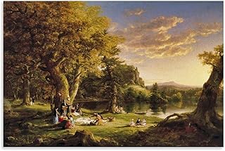 Thomas Cole Hudson River School 1846 The Pic-Nic - Wall Art Poster with Figures, Lake And Scenic Landscape Elements Canvas Wall Art Prints Gifts Photo Picture Paintings Room Decor Home Decorative Unfr