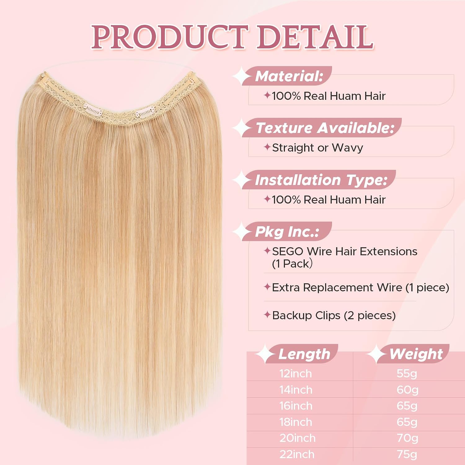 SEGO Invisible Wire Hair Extensions, Real Human Hair Adjustable Wire Extensions, 2 Clips for Women Transparent Fish Line Extensions, Add Length, 16 inches, Gold Blonde Mixed Bleach Blonde, 60g
