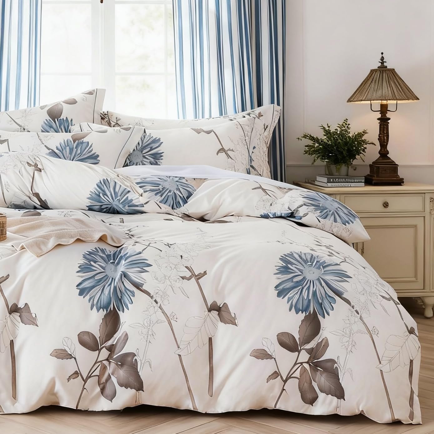 Cotton Comforter Twin Size Set – White Blue Floral Brown Leaf Bedding, Soft & Breathable Comforter, All-Season Down-Alternative Filling, 1 Comforter & 1 Pillow Sham