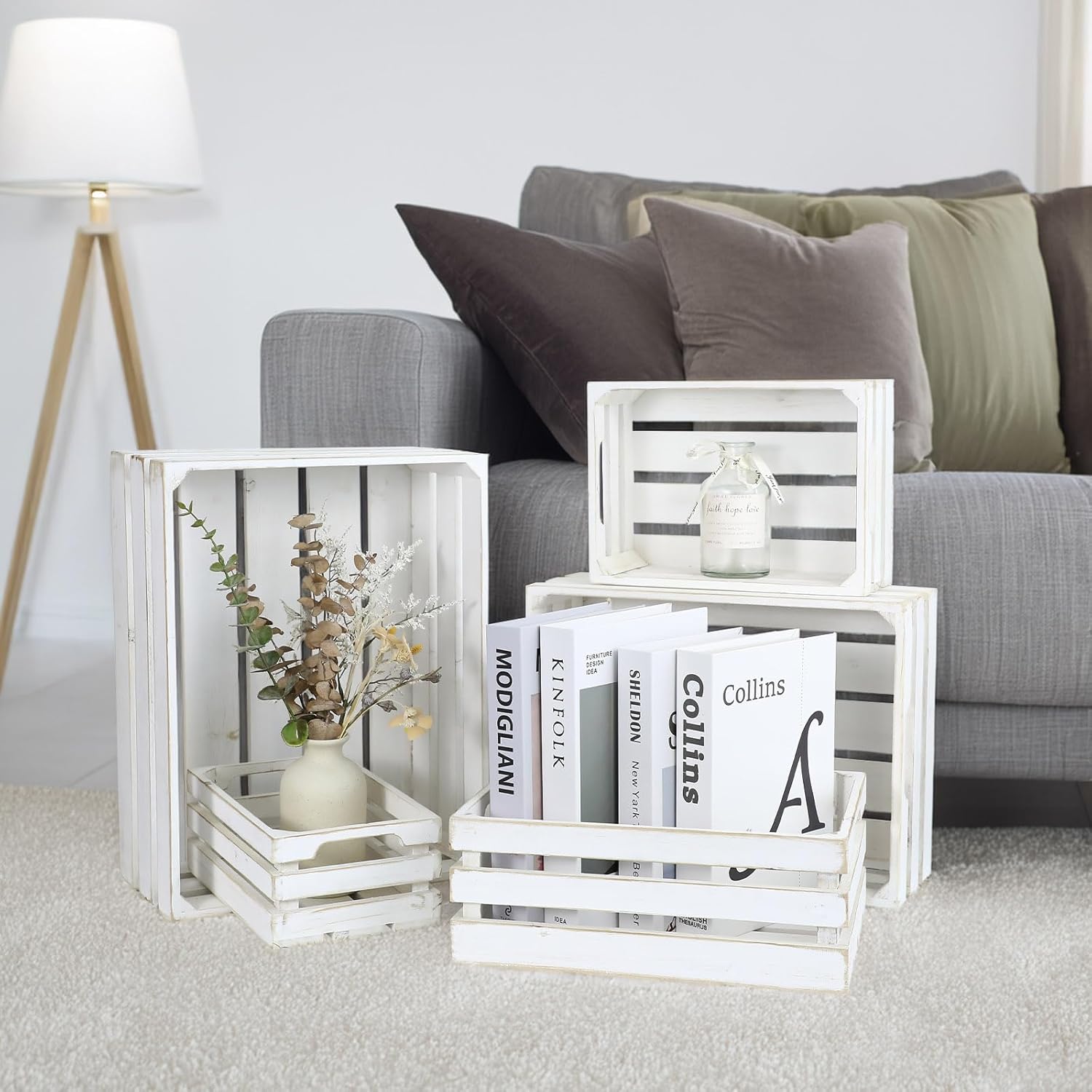 5-Piece Rustic White Wooden Crates Set, Wall Mountable Slatted Storage Crates with Handles, Farmhouse Wooden Crates for Display & Organizer for Home Decor