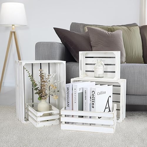 Miniatura 7 de Juego de cajas de madera de granja de 5 piezas, cajas de madera rústica para exhibición y almacenamiento, cajas decorativas grandes encaladas, cajas