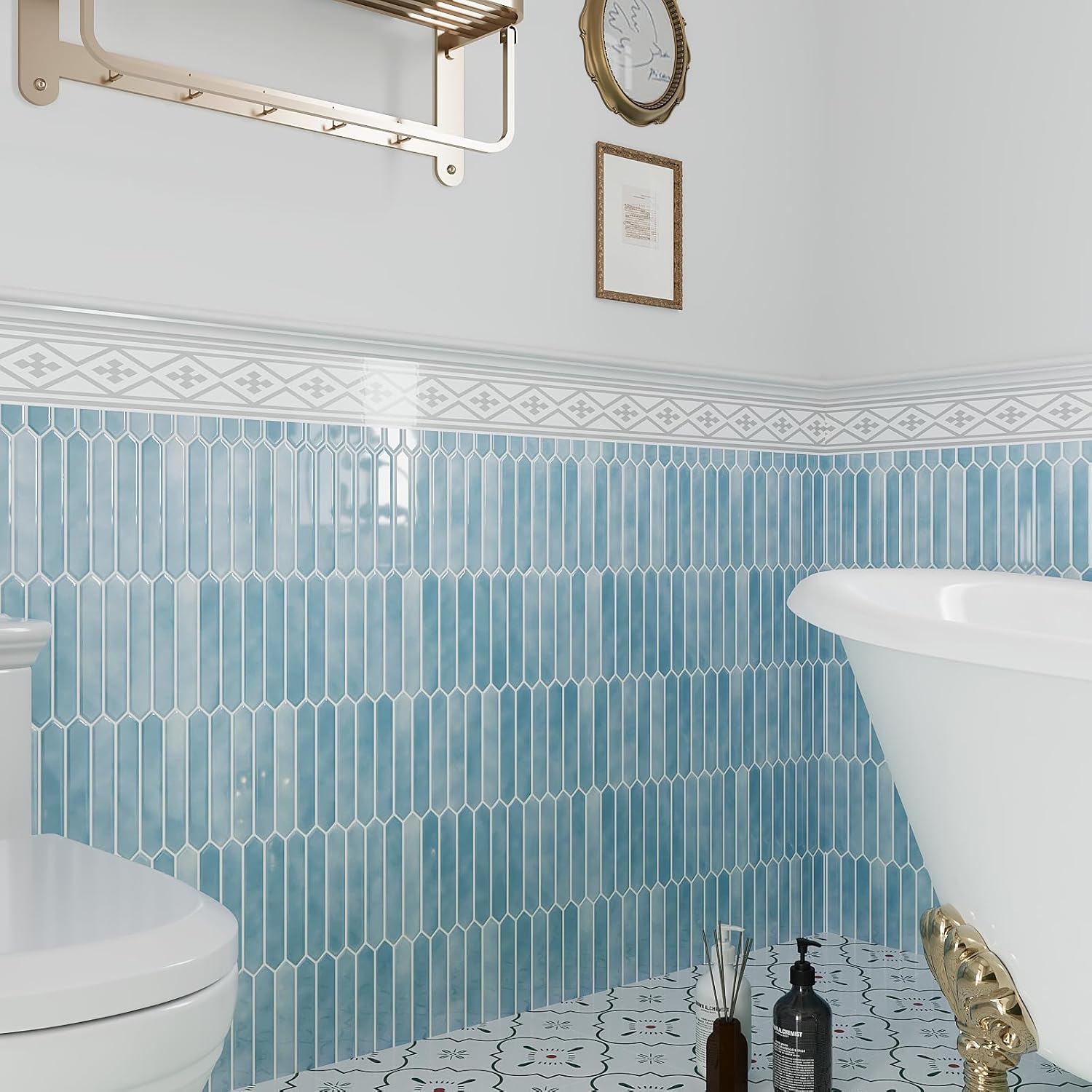 VEELIKE Blue Long Hexagon Peel and Stick Tile Backsplash 6 Sheets 12''x12'' Back Splash Stick on Tiles for Kitchen Self Adhesive Waterproof Blue Wall Tiles for Bathroom Kitchen Backsplash Tile Sticker