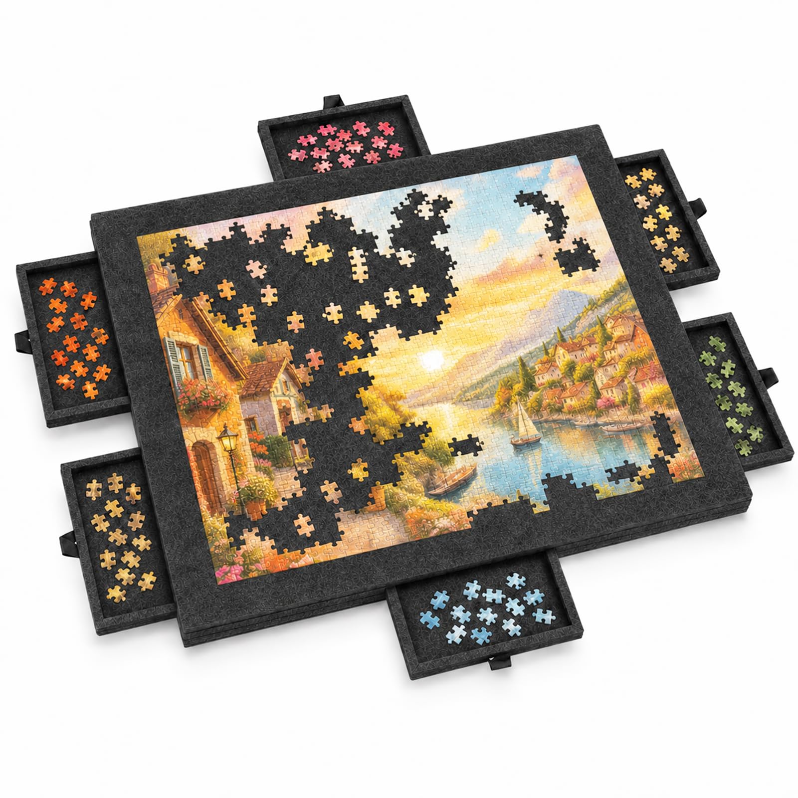 Filz Puzzlebrett Mit 6 Schubladen mit 2-in-1-Ständer und Abdeckung, Faltbarer Puzzletisch für Erwachsene, Tragbare Puzzlebrett für Puzzle bis 1000(Modell mit Schubladen Schwarz)