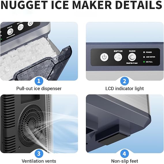 Countertop Electric Nugget Ice Maker, Chewable Pellet Ice Machine With/Without Side Water Tank, Ice Dispenser For Making Iced Tea And Coffee Etc, For Home, Kitchen, Offiee And Bar WithSideWaterTank