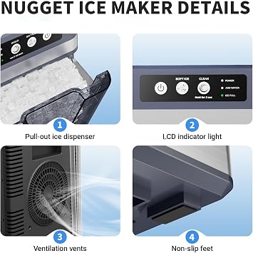 Countertop Electric Nugget Ice Maker, Chewable Pellet Ice Machine With/Without Side Water Tank, Ice Dispenser For Making Iced Tea And Coffee Etc, For Home, Kitchen, Offiee And Bar WithSideWaterTank