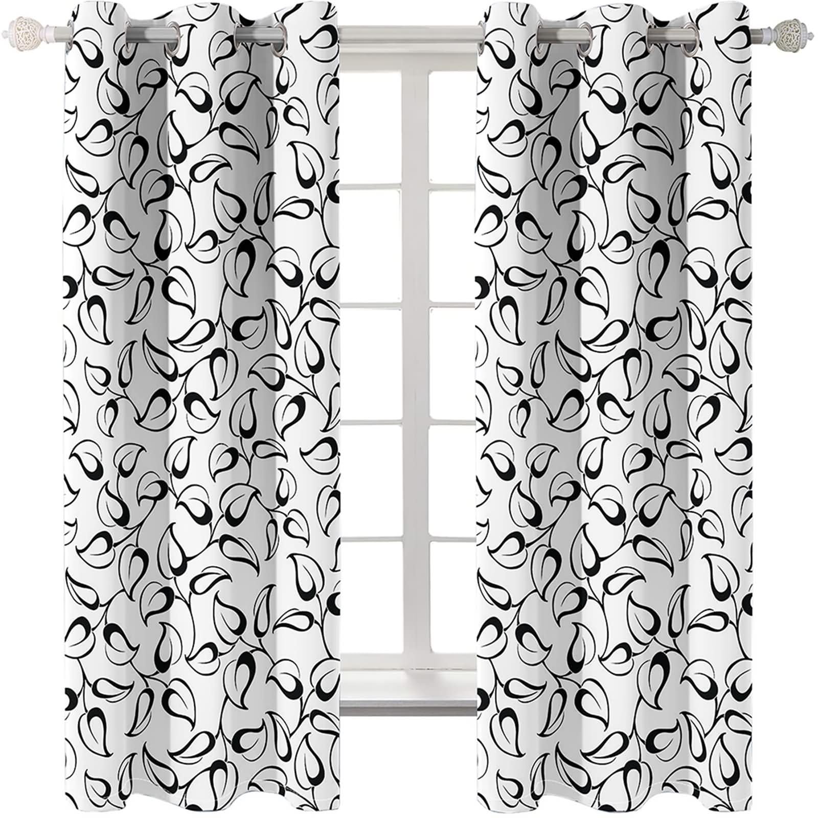 Nieprzezroczyste zasłony zestaw 2 sztuk, 2 x 102 W x 138 wys. cm, zestaw zasłon z oczkami, gałązka i wzór liści, czarno-białe zasłony do sypialni