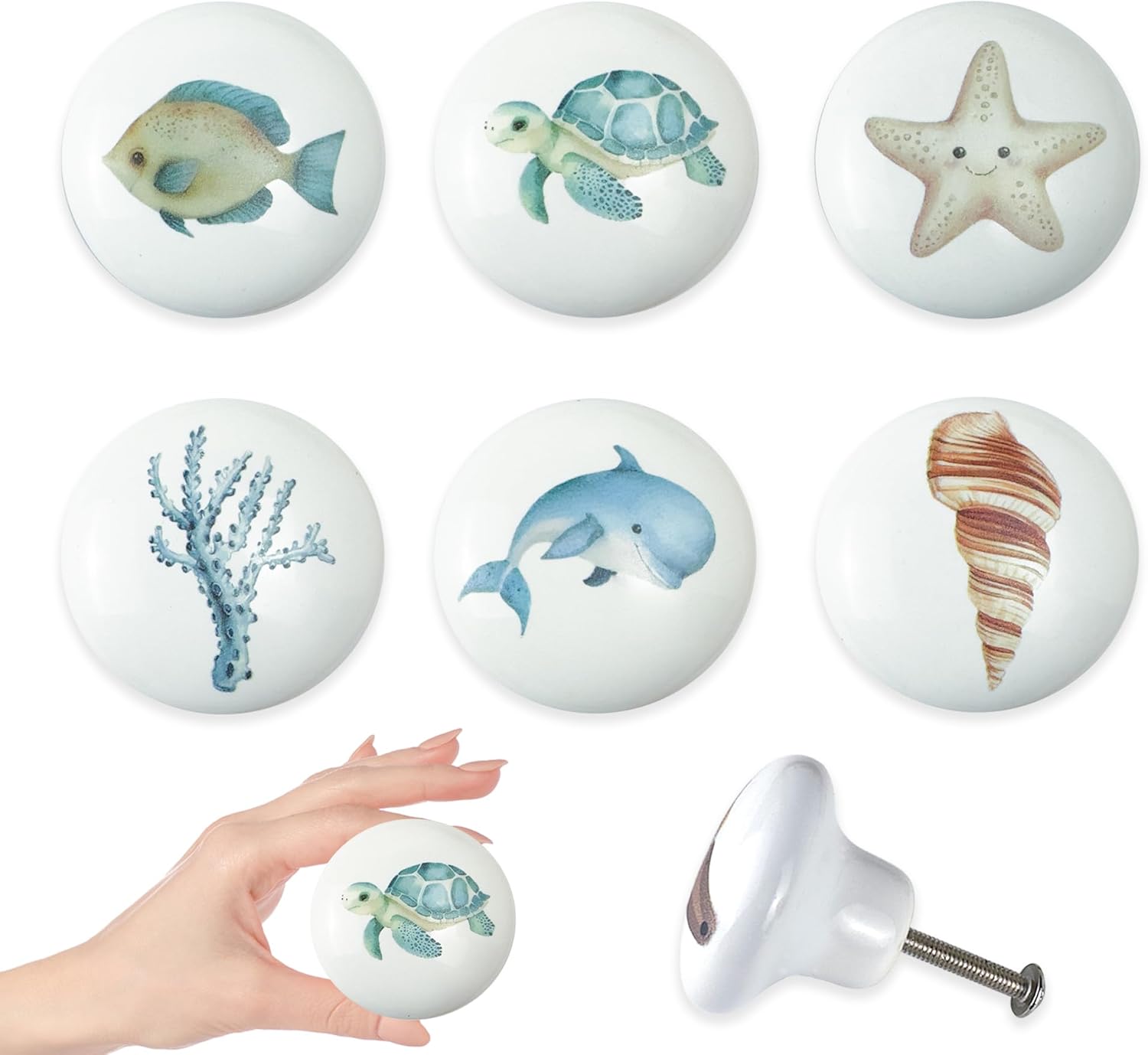 Set of 6 Ceramic Coastal Beach Starfish Themed Cabinet Dresser Knobs and Drawer Pulls Octopus Door Handle 1.5 X 1.5 Inches
