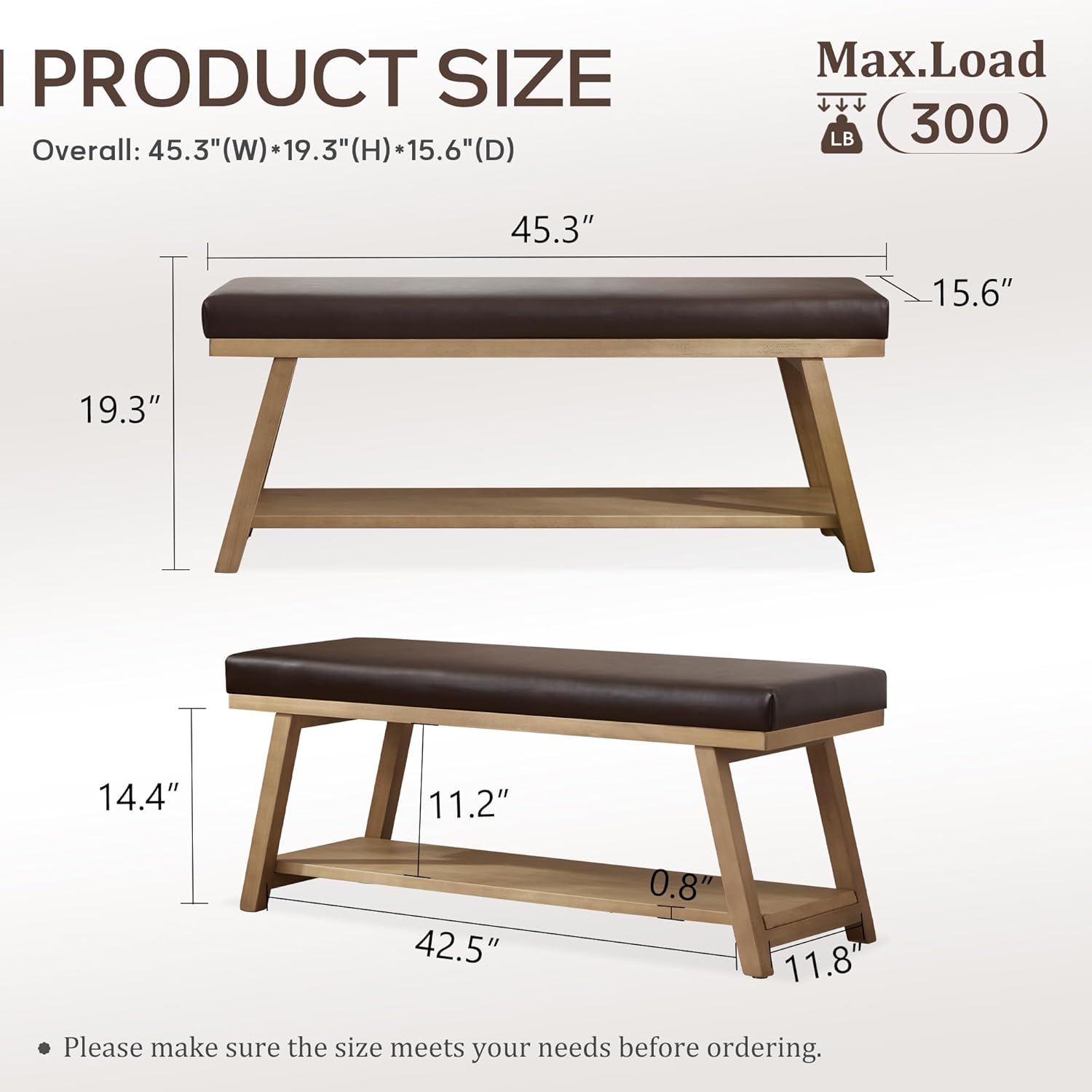 Zihanhome 45" Entryway Bench Upholstered Storage Bench for Bedroom Shoe Rack Bench for Living Room, Hallway, Mudroom, Balcony, Sturdy Indoor Bench Seat Holds Up to 300 lbs (PU-Brown)