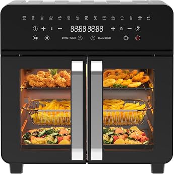 Hot Air Fryer 23L Dual Zone - XXL Airfryer with French Door Hot Air Fryer Oven with Double Chamber 15 Programmes 2200 W 12 Accessories Removable Separator for Cooking Room 50-200 C