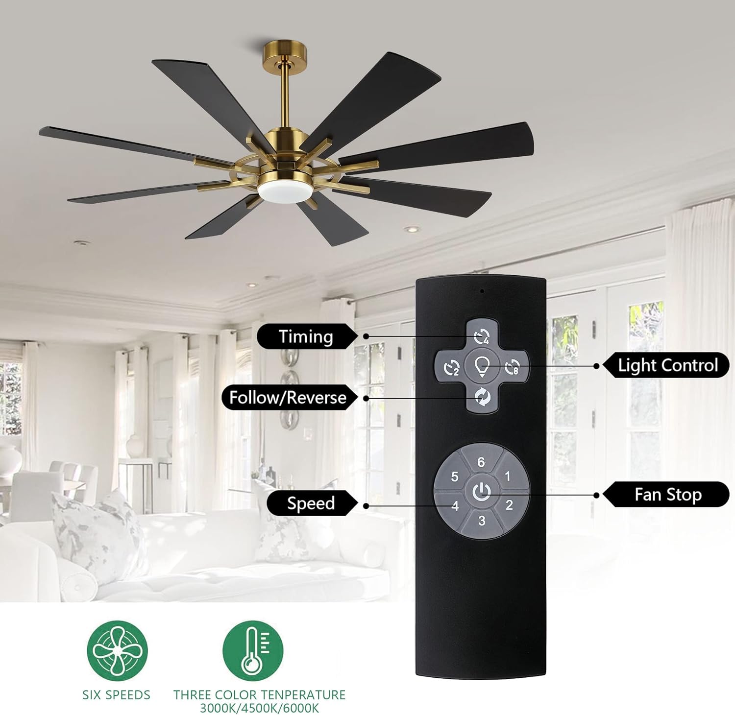 WINGBO ceiling fan remote control showing buttons for timing, follow/reverse, speed, and light control.