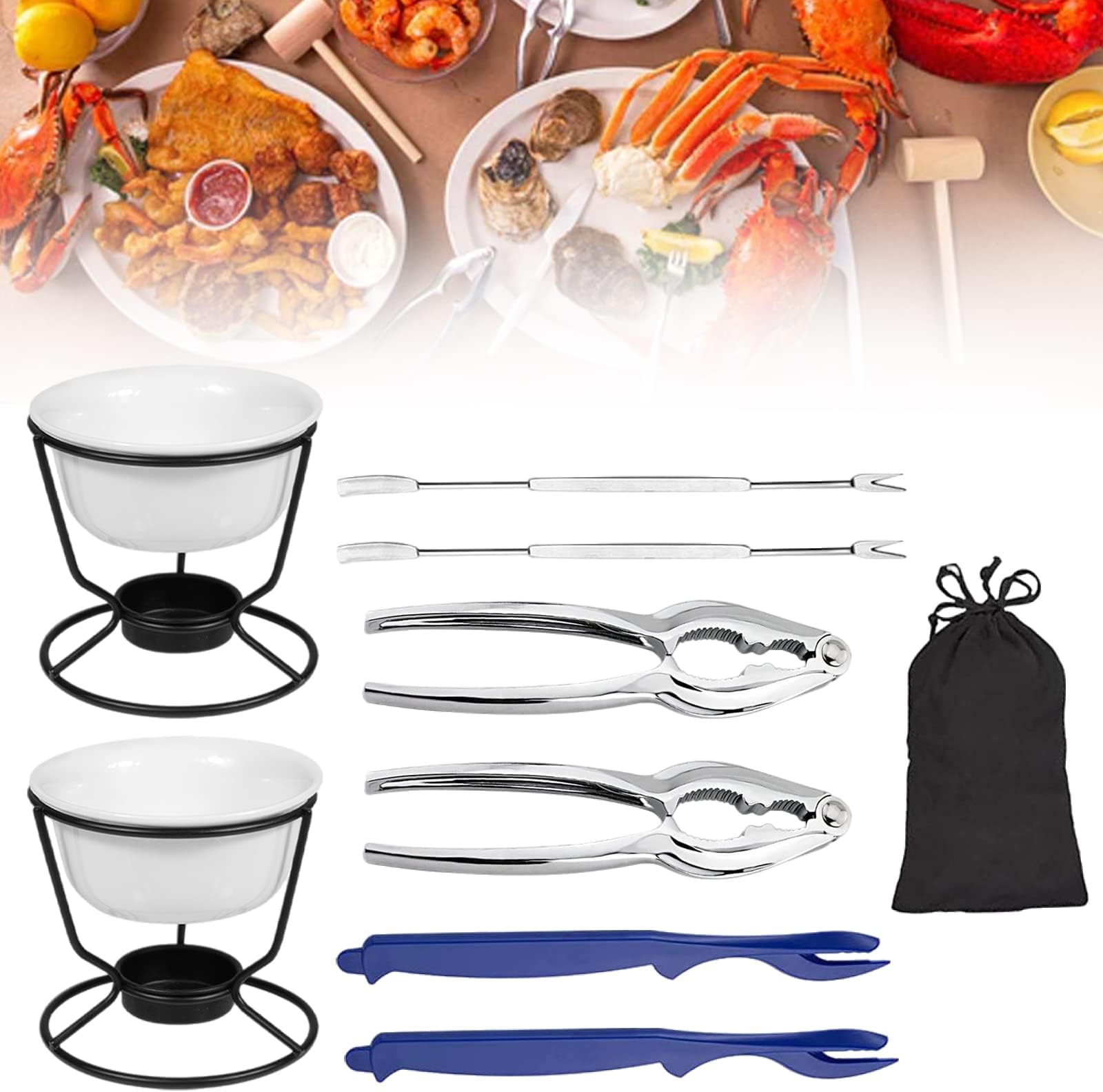 Butter Warmers for Seafood Set of 2,Crab Crackers and Tools Set with 2 Crab leg Crackers,2 Crab Forks,2 Lobster Shellers,2 Butter Warmers Crab Lobster Butter Ceramic Warmers Set for Seafood（9pcs）