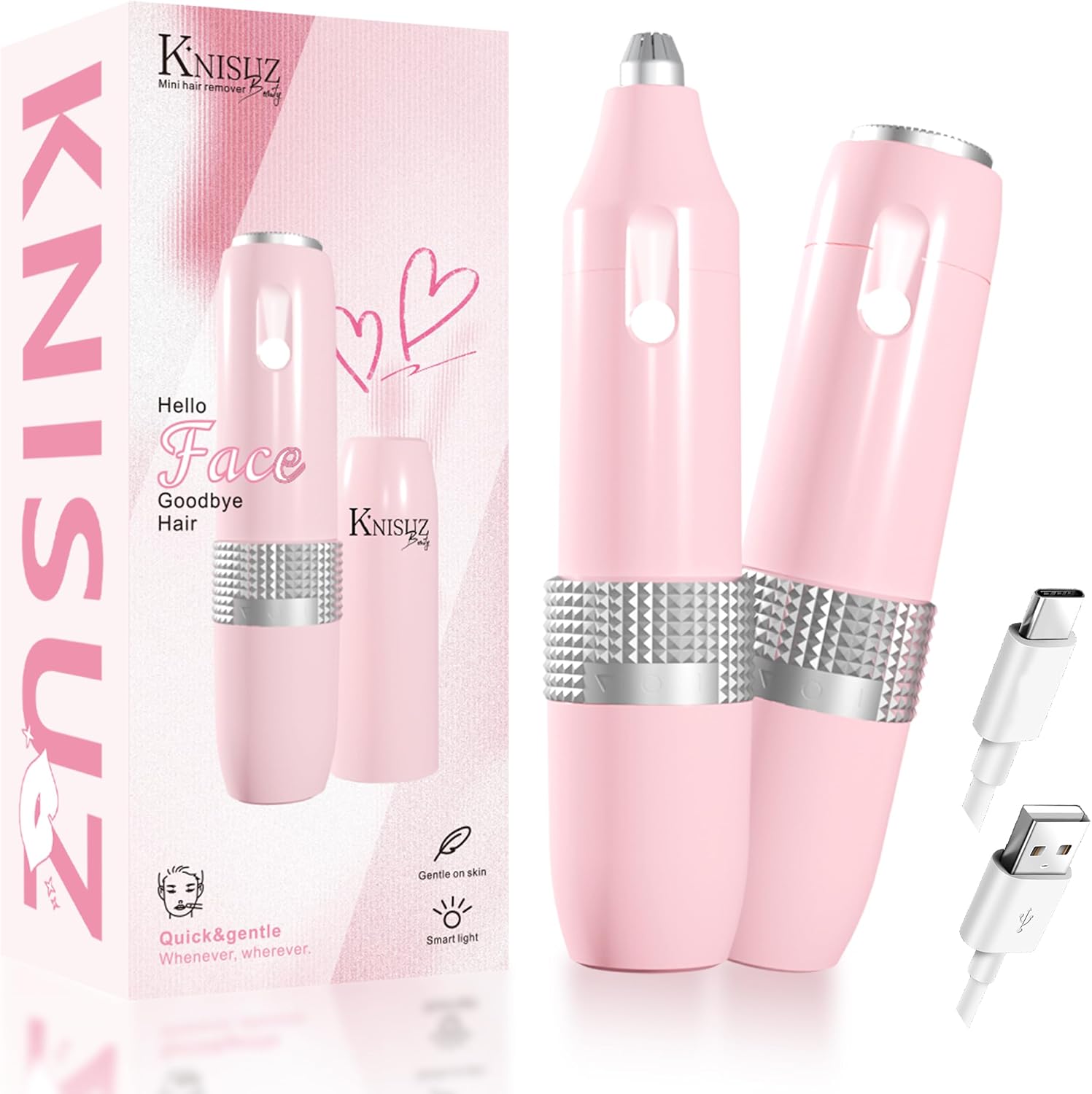 Facial Hair Removal for Women,2 in1 Rechargeable Facial Hair Removal & Eyebrow Shaver - Body Razor with Built-in LED Light,Portable for Travel(Light Pink)