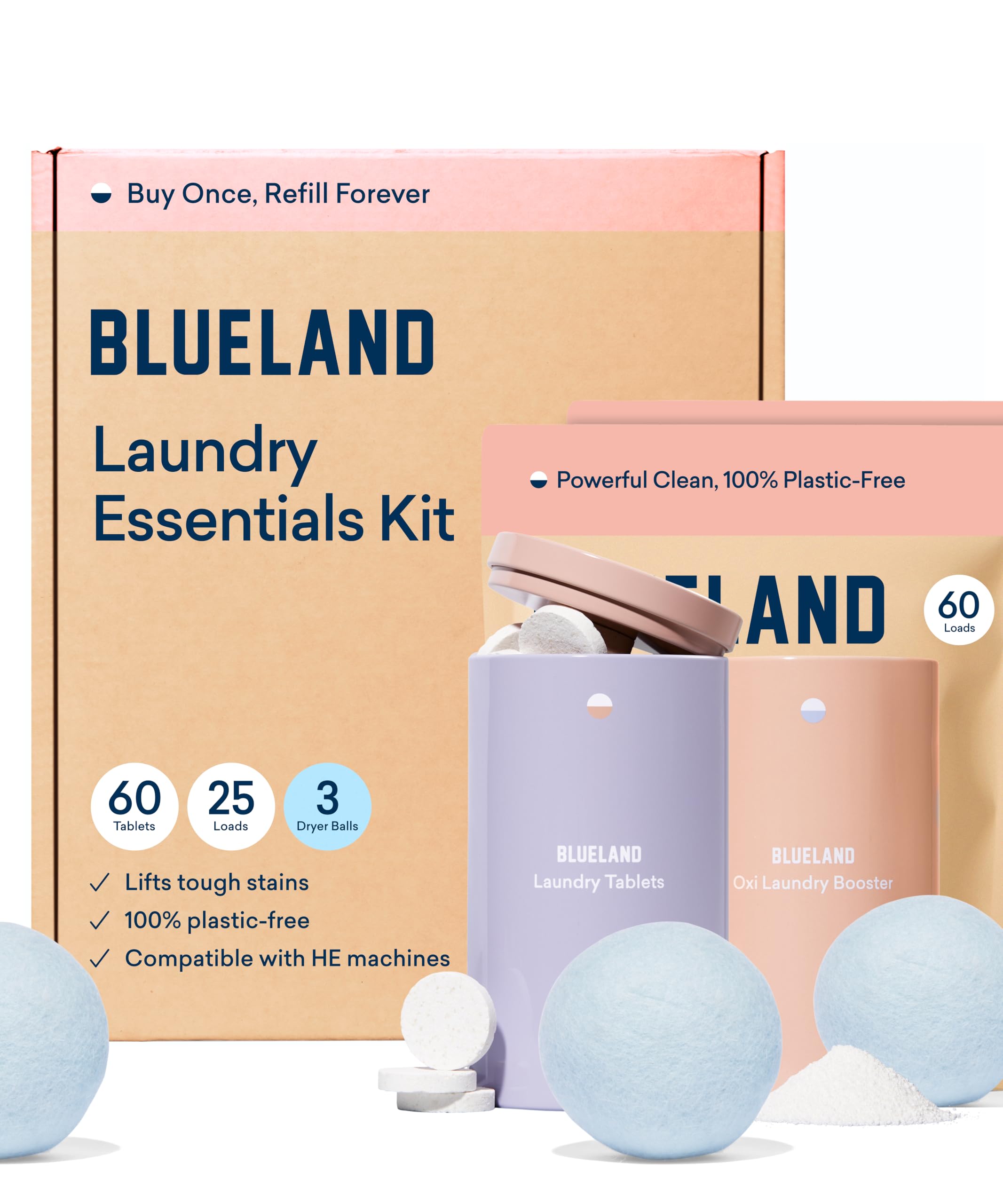 BLUELAND Laundry Essentials Kit, Fragrance Free & Clear - Plastic-Free Laundry Detergent Tablets, Oxi Booster, and Reuseable Natural Wool Dryer Balls
