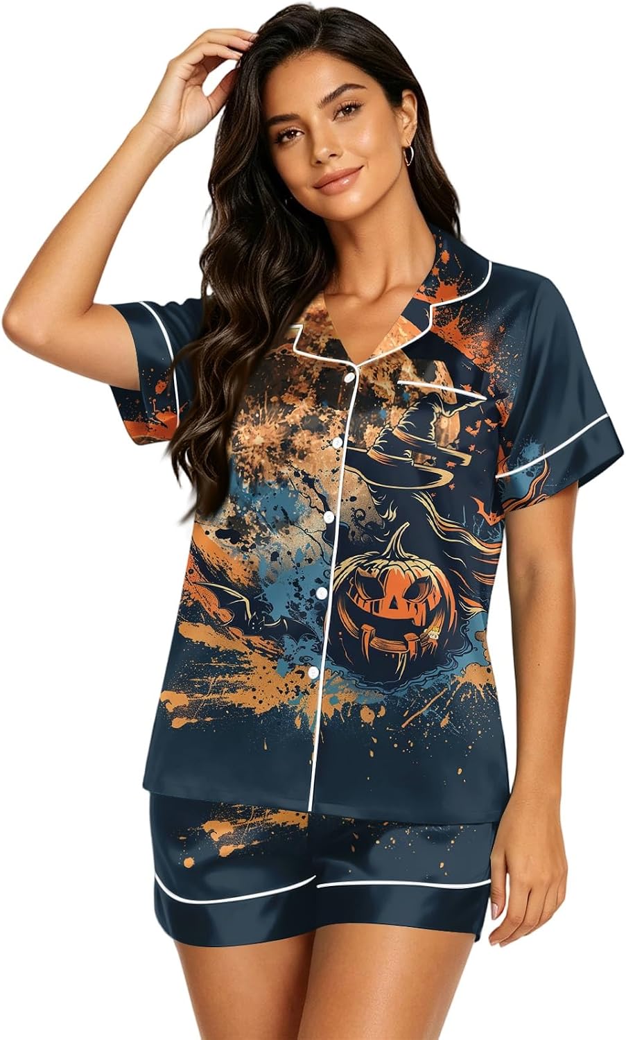 Women Short Sleeve Halloween Sleepwear Set button Outfits Soft Shorts with Spooky Ghost Bat Spider Pumpkin Skeleton