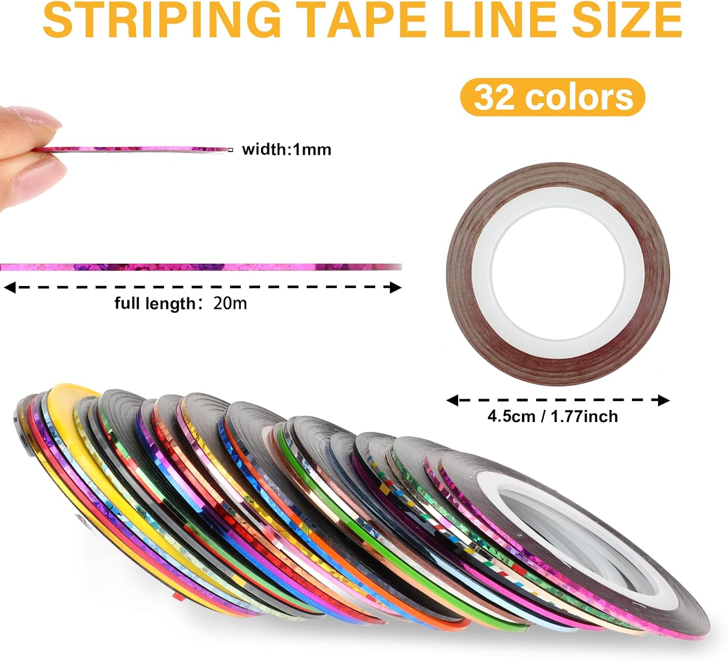 32 Colors Nail Striping Tape for Nail Art 1mm Self Adhesive Nail Striping Tape Line Sticker Pinstripe Tape Decoration Sticker Pin Striping Tape DIY Nail Tools for Women Girls Manicure Decor (66 Foot)