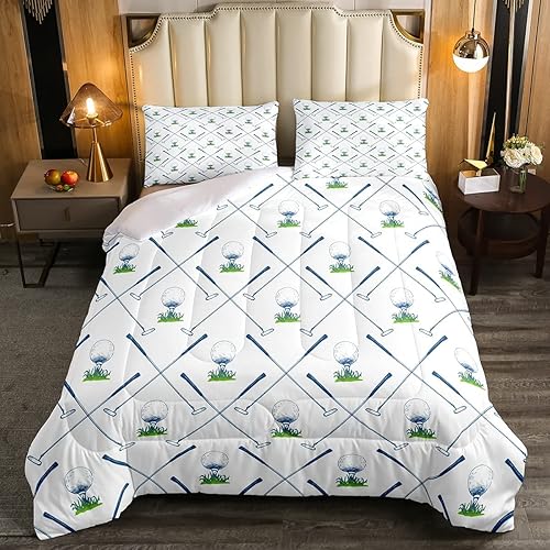Erosebridal Juego de edredón de golf, tamaño Queen, juego de ropa de cama de club de golf, juego deportivo, atleta, hojas de hierba, ramas de plumón
