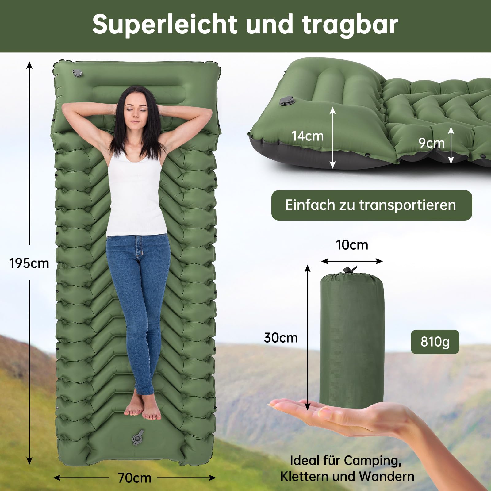 HAUSPROFI Isomatte Camping, Ultraleicht Camping Luftmatratze mit Fußpumpe & Kissen, Aufblasbare Matratze Kompakte und Leichte, Campingmatte für Wandern Strand Outdoor, Grün