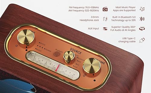 Miniatura 3 de Radio Bluetooth de madera retro con altavoces integrados, altavoces portátiles inalámbricos con subwoofer, diseño elegante y vintage, esfera