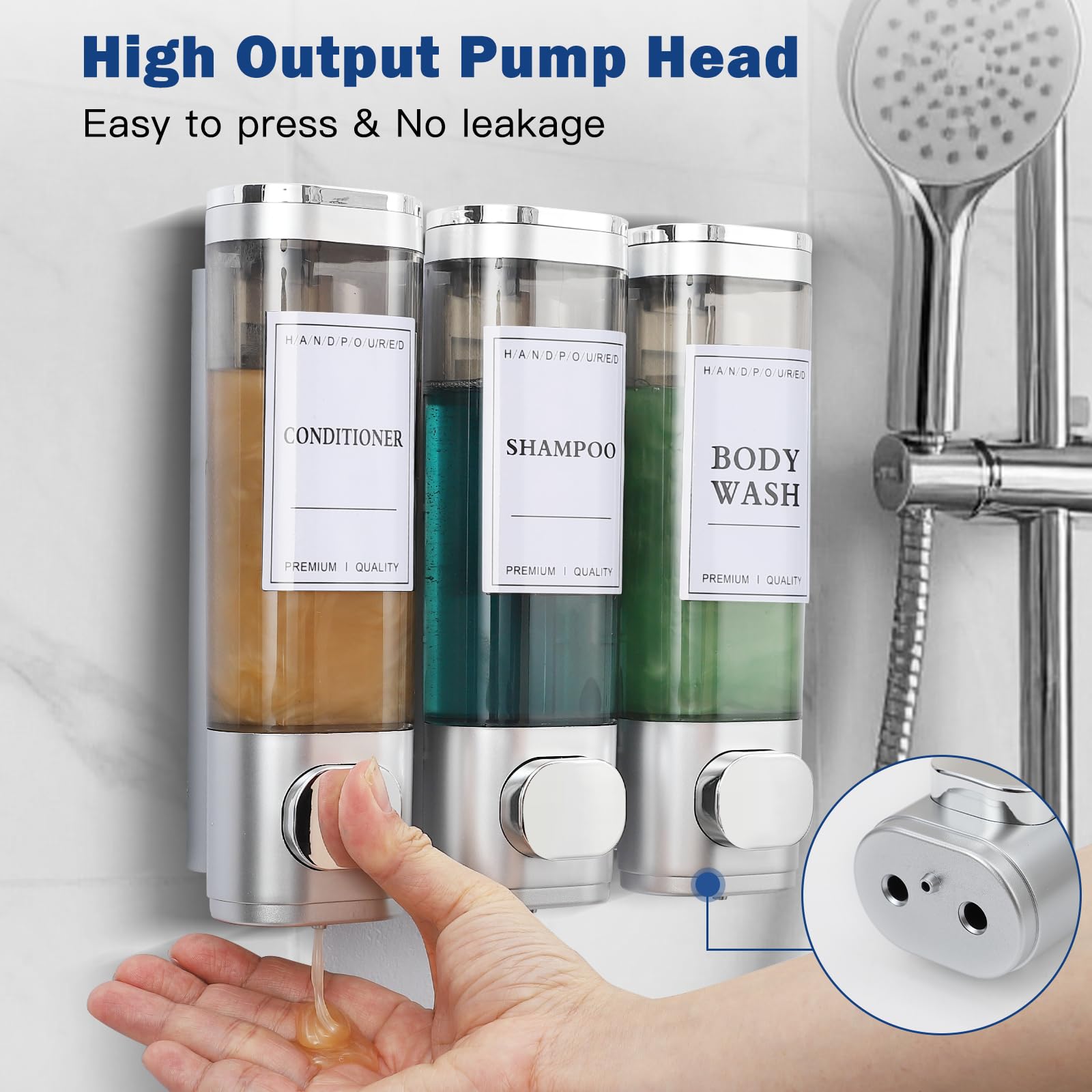 Dispenser per shampoo e balsamo, dispenser per shampoo doccia a 3 camere, senza foro, per doccia, montaggio a parete, per bagno, hotel, cucina, 3 x 300 ml, grande capacità, argento