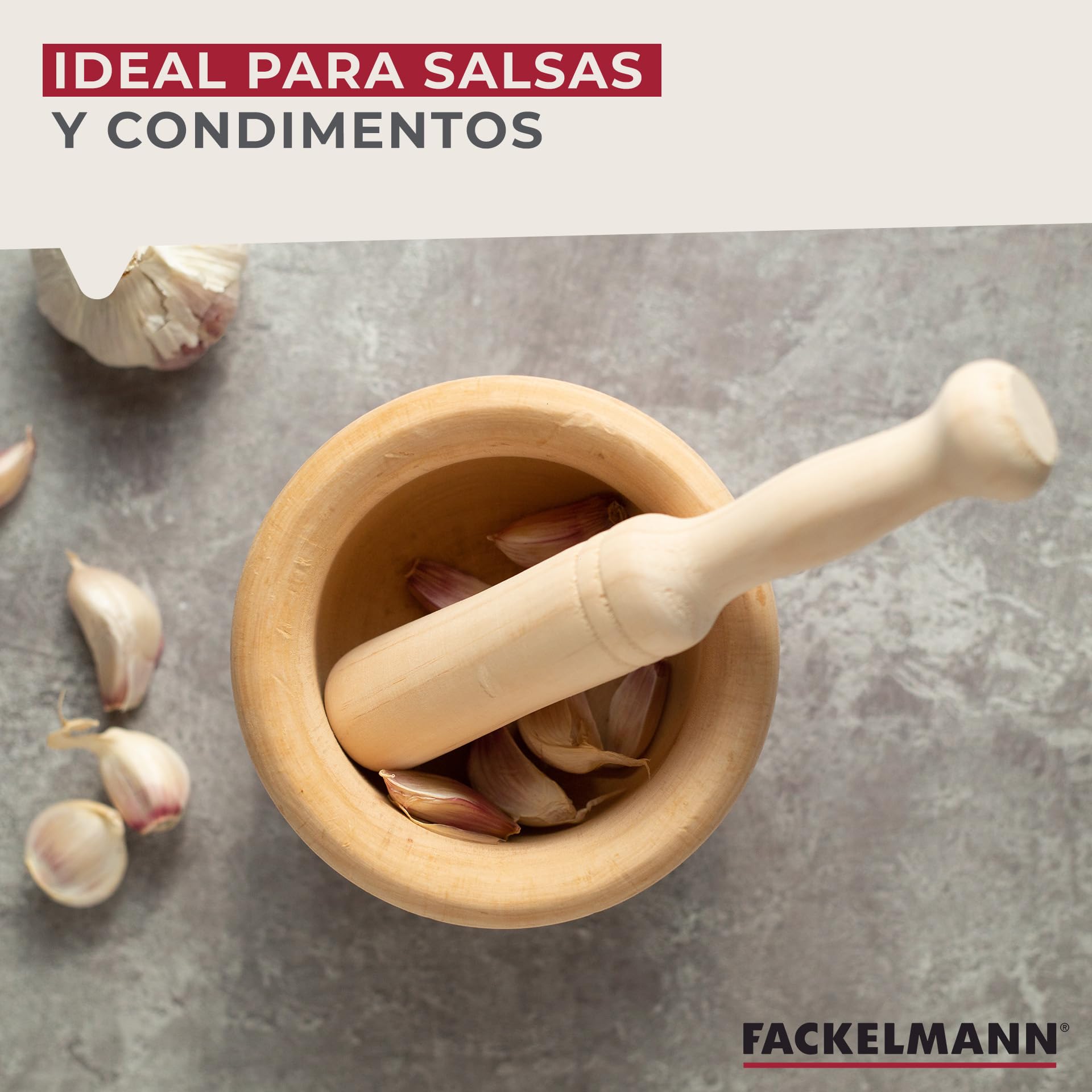 Fackelmann Mortero de Cocina para Triturar Especias, ajos y aliños, Majar, Salsas y Alioli, 14x10cm y Mano 3,5x20cm, Madera Natural de Abedul, 14x10cm, 1ud