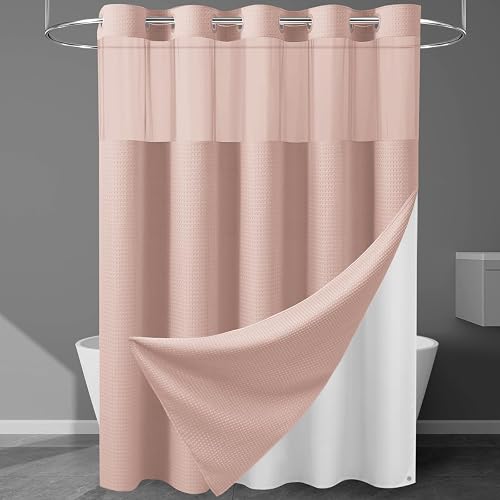 Heavyweight Waffle No Hook Shower Curtain with Liner, Blush Pink, 71x74 | Snap in Liner, 256GSM, Thick, Hotel Luxury Spa, Waterproof Fabric, Corner Magnets, 3 in 1 Set, Washable, Hang in Seconds