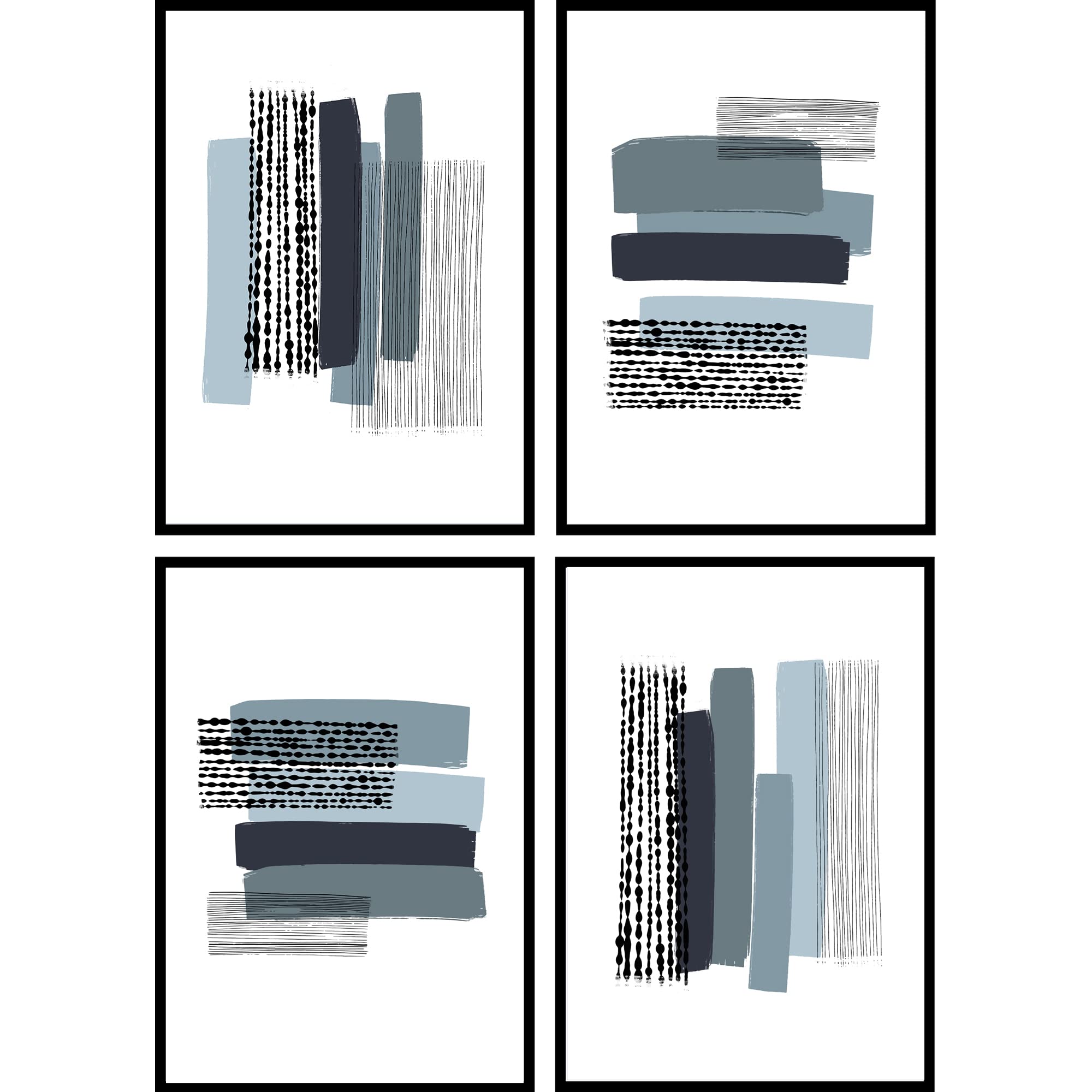 Modern Abstract Wall Art Home Prints - Blue Brush Stroke - Set of 4 A4 - Unframed
