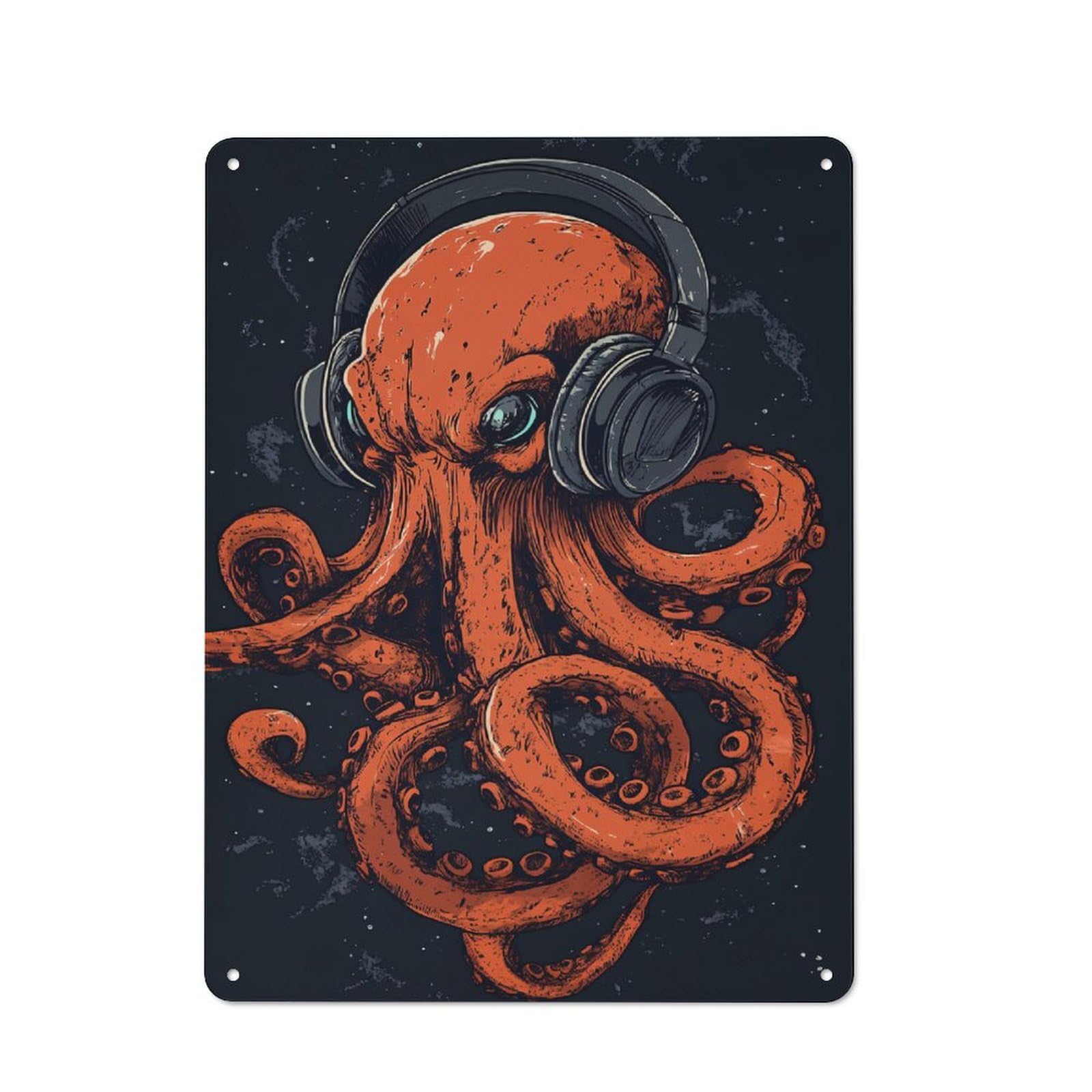 Junmoney Style-8 Octopus With Headphones Rustic Tin Sign 40X30cm For Pub Or Café, For Collectors Building A Themed Wall Display