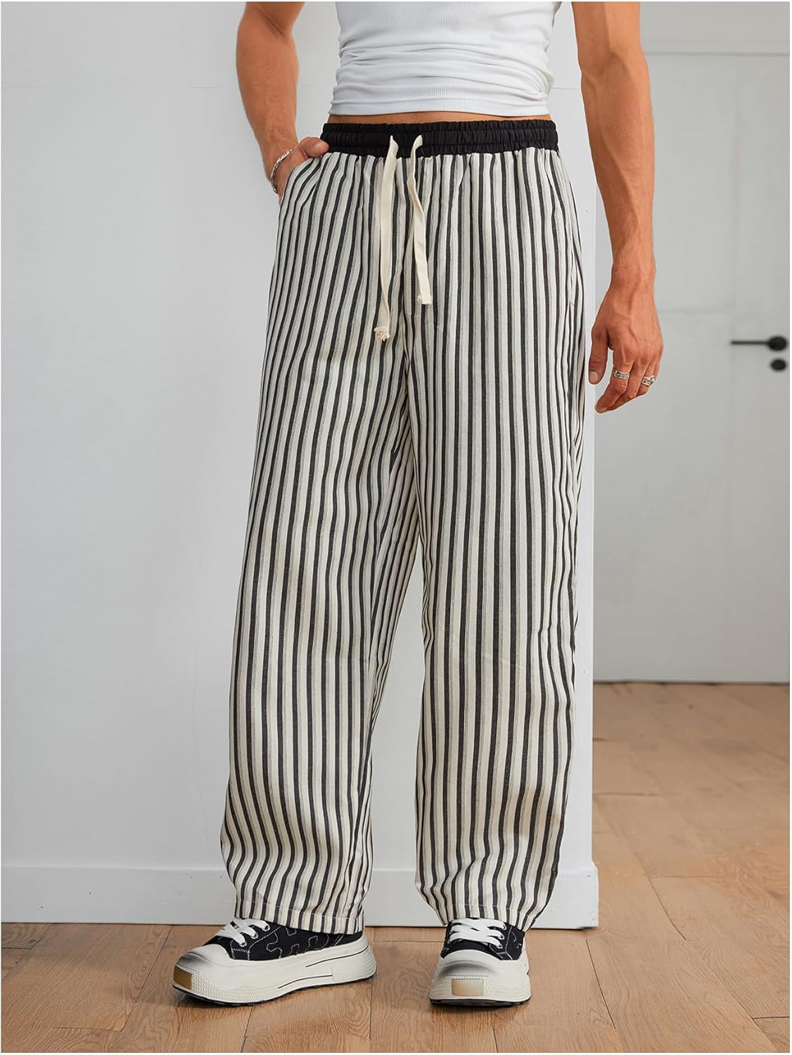 SHENHE Men's Striped Wide Leg Pants Drawstring Elastic Waist Casual Loose Fit Trousers - Image 3