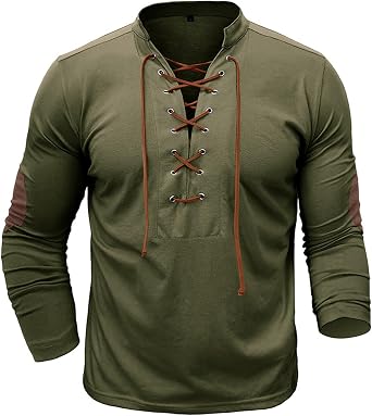 Mens Lace Up Tee Shirt Casual Long Sleeve Button Solid Color T-Shirt Medieval Renaissance Viking Shirts for Men