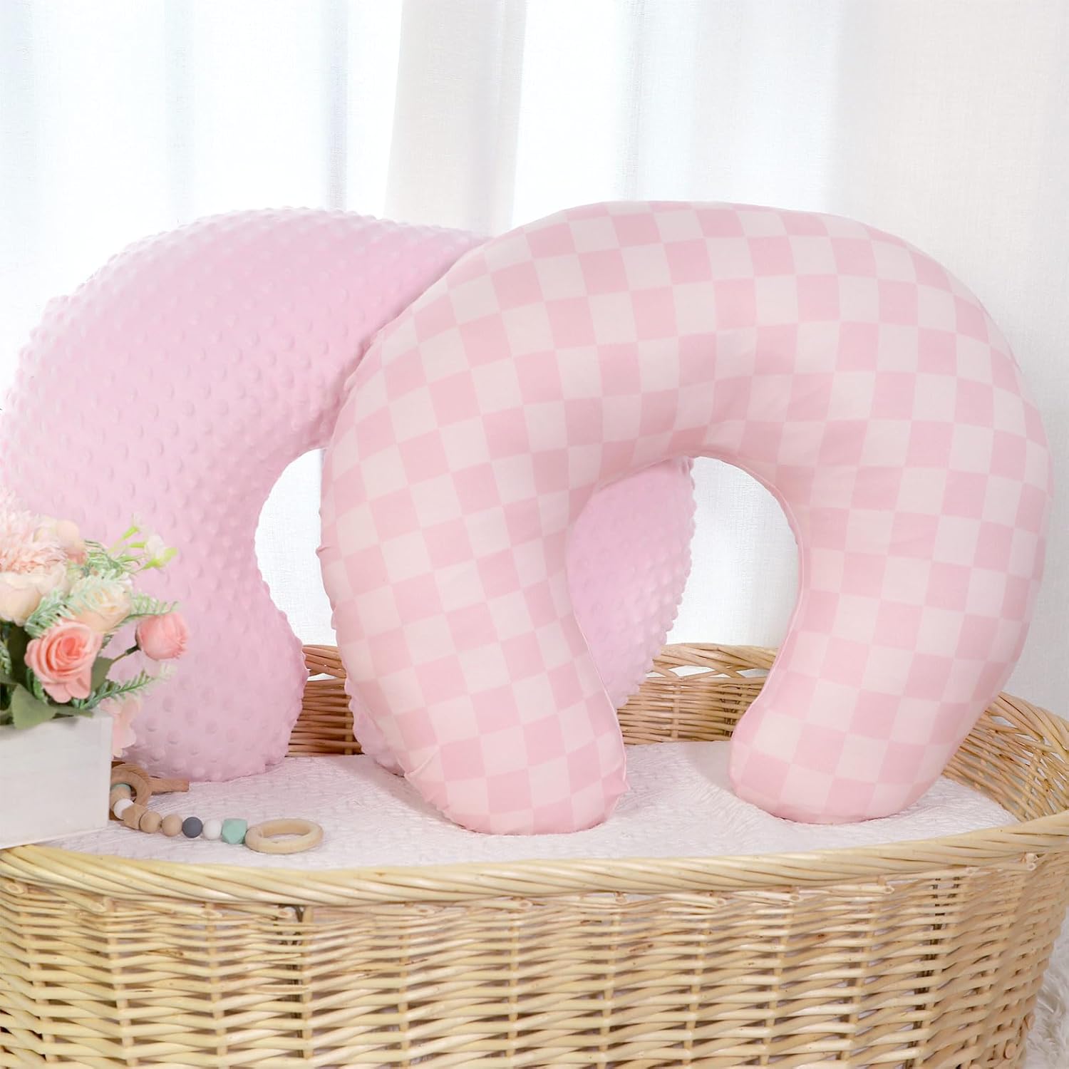 2 Pack Nursing Pillow Covers & 4 in 1 Infant Car Seat Insert for Baby Girls Boys Newborn, Removable Nursing Covers for Breastfeeding Pillows & Reversible Car Seat Head Body Support (Pink)